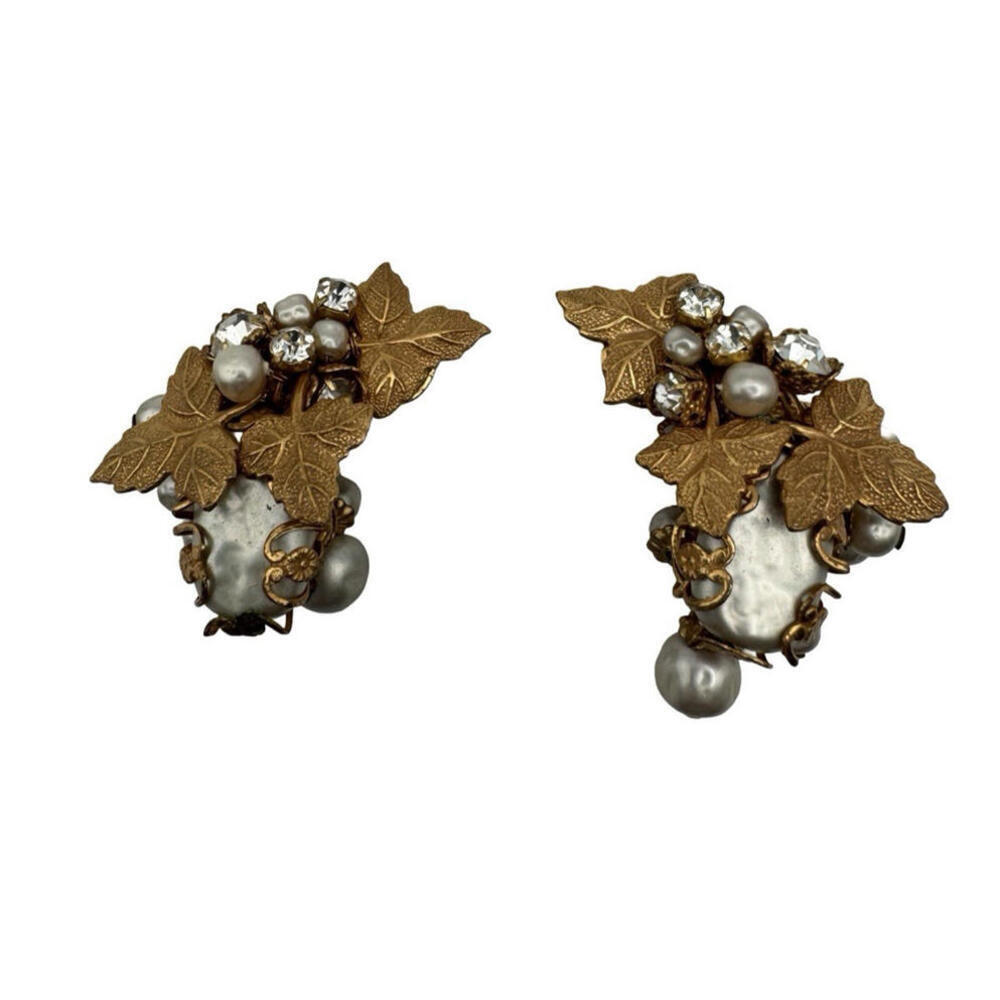 Vintage DeMario Rhinestone Faux Pearl Leaf Gold Tone Huggie Clip-On Earrings